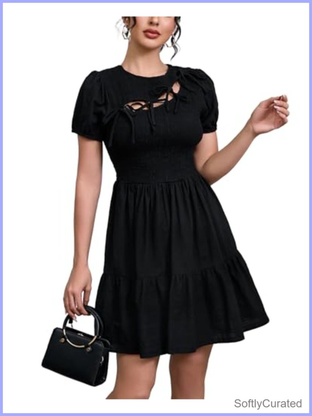 Smocked Bow Tie Front Puff Sleeve Mini Dress Cut Out Casual